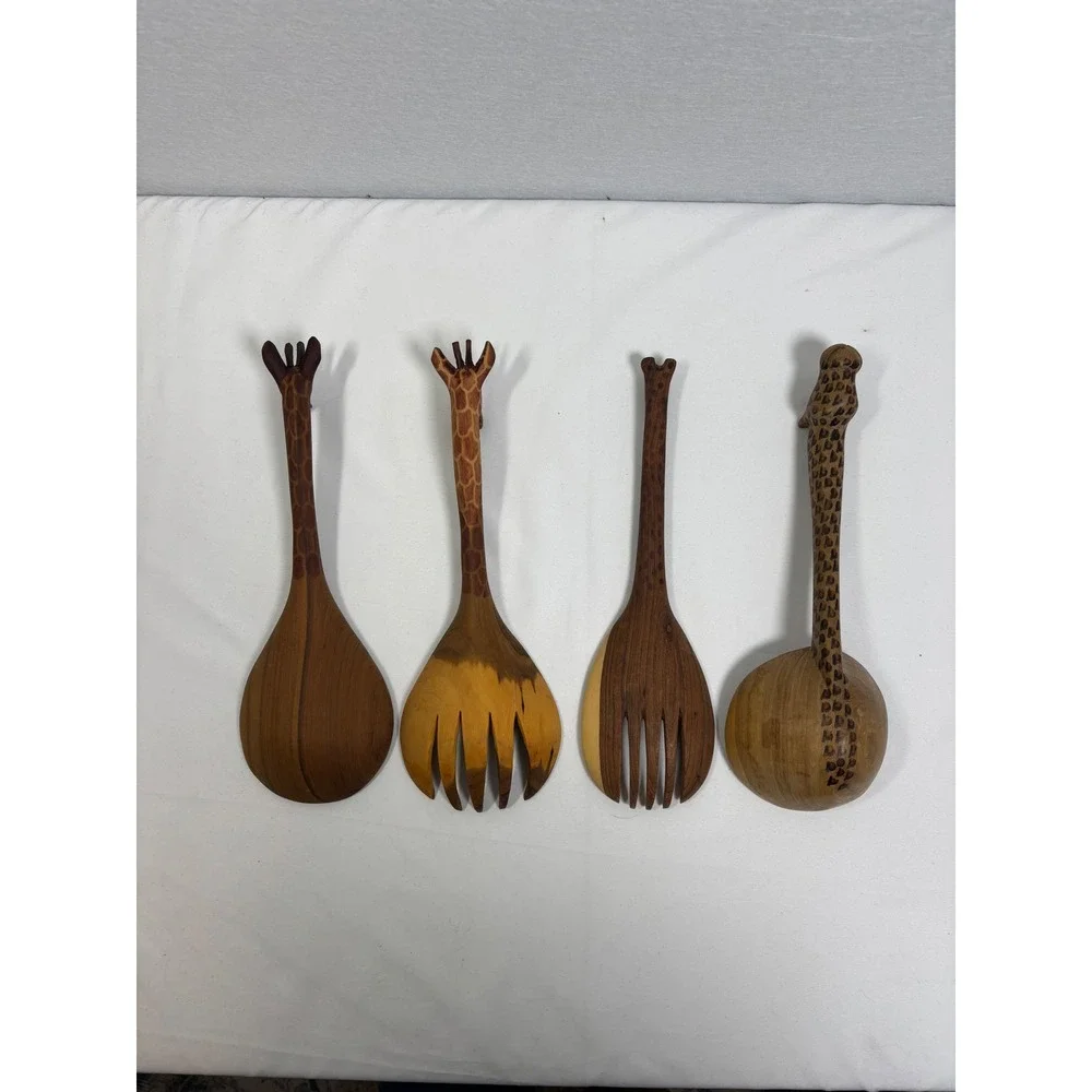 Vintage Hand Carved Wood Giraffe Salad Servers Ladle Set 4pc Safari Boho Decor